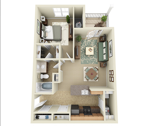1 bedroom apartment floor plan at the Haven at Knob Creek Apartments Johnson City, TN
